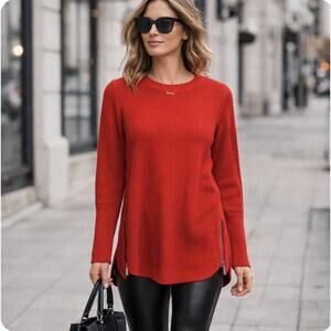 Akini Sz M Red Textured Knit Side Zip Modern Tunic Minimalist Capsule Sweater